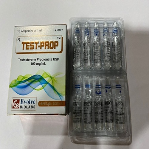 Angled shot of TEST-P 250mg box with ampoule strip, product name and ampoule labels legible