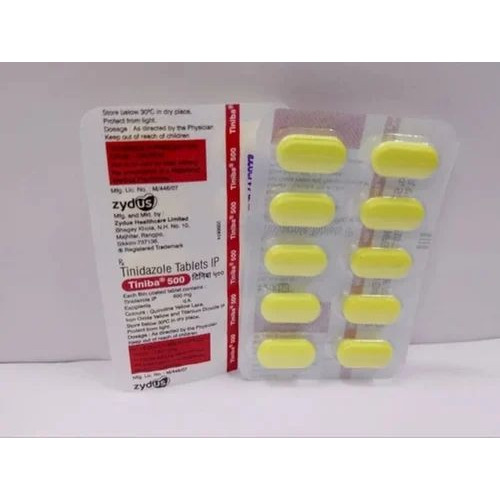 Tiniba 500mg yellow tablets in blister strip with product box, anti-infective medication
