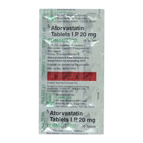 Tonact 20mg silver blister strip with printed dosage information and product label