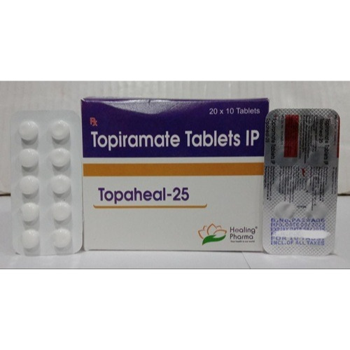 Topaheal 25 box and blister strip close-up showing white tablets and foil backing, imprint readable