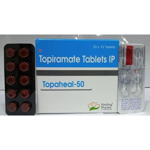 Topaheal 50 box, blister strip close-up showing tablets and foil backing, imprint/readable information visible