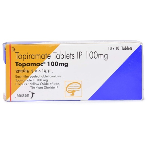 Topamac 100mg branded carton box with multiple blister strips displayed