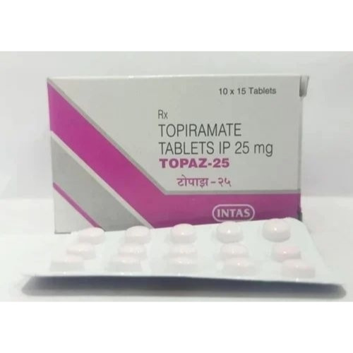 Topaz 25 box and blister arranged flat, front view with label and tablet count visible