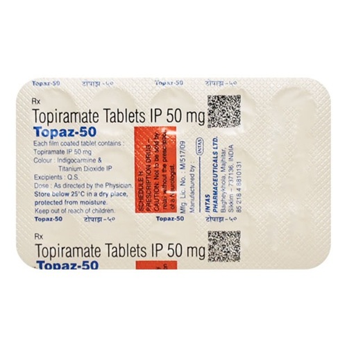 Close-up of Topaz 50 blister strip, tablets and printed information readable