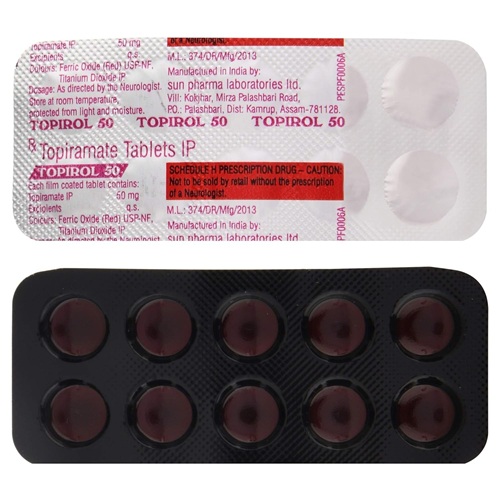 Topirol 50 blister pack close-up showing dark round tablets and foil backing