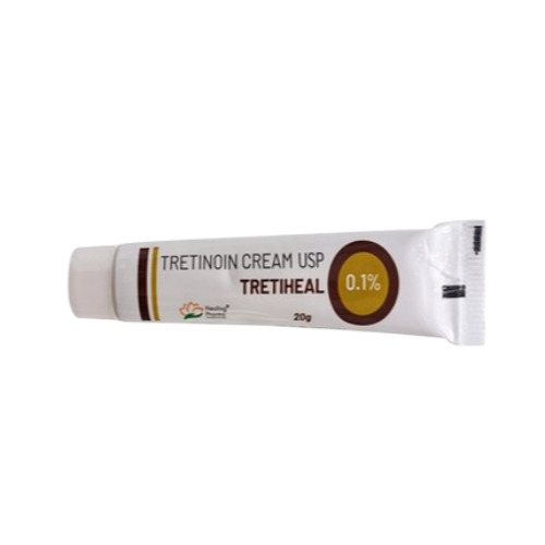 Tretiheal 0.1% Cream (Tretinoin) 20gm single tube with gold dosage label on the side