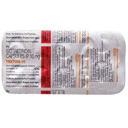 Tretiva 10mg Isotretinoin Capsules silver blister pack back side with red text