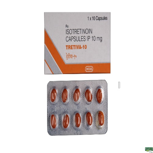 Tretiva 10mg Isotretinoin Capsules box with brown capsule blister pack