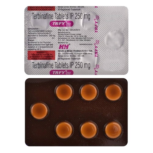 Trfy 250 blister pack close-up showing seven round tablets and back of blister pack