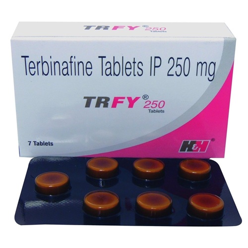 Trfy 250 box and blister pack laid flat, label and tablet imprint readable
