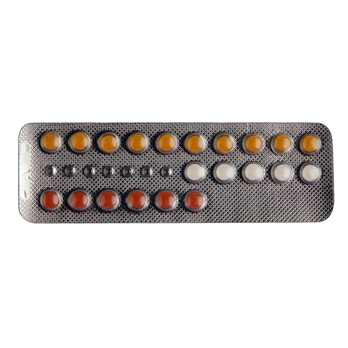 Triquilar oral contraceptive mixed-color blister strip containing hormonal tablets