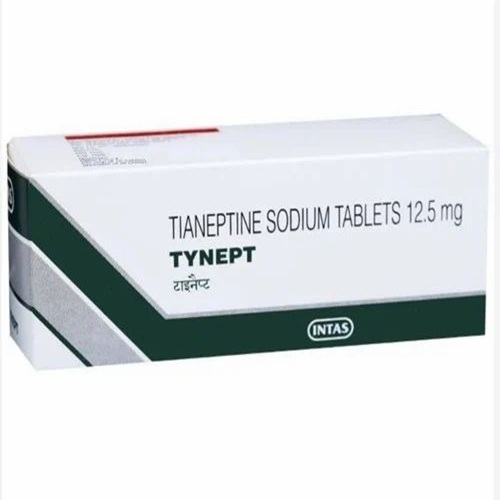Tynept 12.5mg (Tianeptine) 100 tablets white and blue box packaging with brand logo, online pharmacy antidepressant medication for depression treatment
