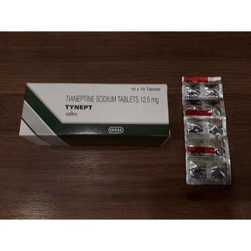 Tynept 12.5mg (Tianeptine) 100 tablets branded box with multiple blister packs displayed, online pharmacy antidepressant supplement for daily mental health care