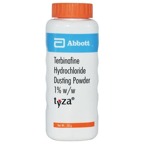 Tyza Dusting Powder bottle, back/side label close-up (ingredient panel visible)