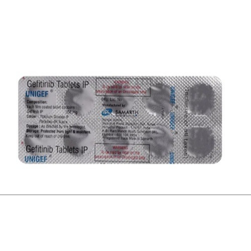 Unigef 250 (Gefitinib) 250mg 30 tablets close-up blister pack with printed foil details for non-small cell lung cancer targeted therapy online pharmacy