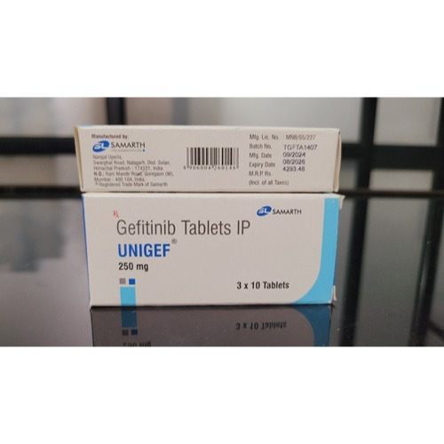 Unigef 250 (Gefitinib) 250mg 30 tablets carton box and blister strips set display for oncology treatment online pharmacy