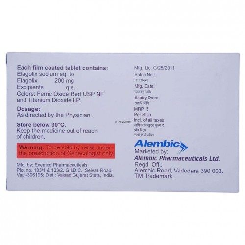 Unigolix 200 10 tablets back side of box with composition details elagolix hormone therapy online pharmacy