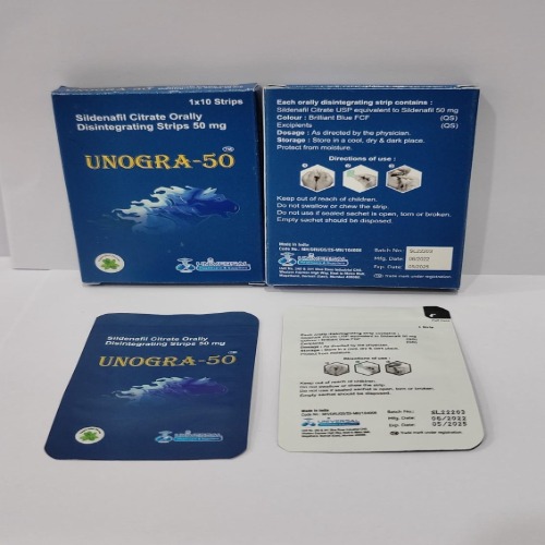 Unogra ODS 50mg multiple strip packs with box, tablets and printed label legible