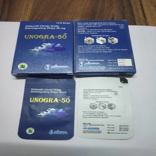 Unogra ODS 50mg box and strip packs arranged, packaging and dosage details visible