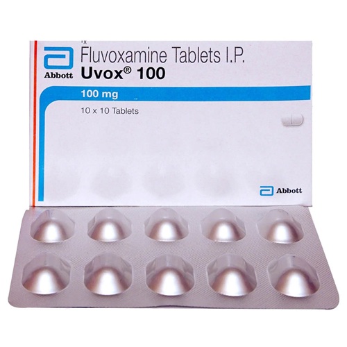Uvox 100 Abbott blister pack with fluvoxamine maleate tablets, long-term SSRI therapy for depression, OCD, and anxiety, ZarvyPharm online pharmacy