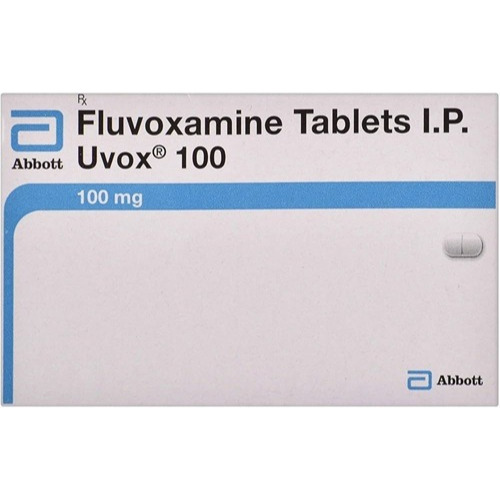 Uvox 50 box packaging with 100 tablets fluvoxamine maleate, SSRI antidepressant for OCD, depression, and anxiety disorders, online pharmacy ZarvyPharm