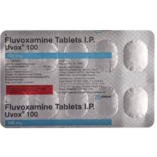 Uvox 50 blister strip showing fluvoxamine maleate tablets, psychiatric medication for OCD, generalized anxiety disorder, and PTSD, online pharmacy