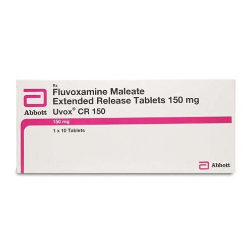 Uvox CR 150 box packaging with 10 tablets fluvoxamine maleate, SSRI antidepressant for depression and OCD, online pharmacy ZarvyPharm