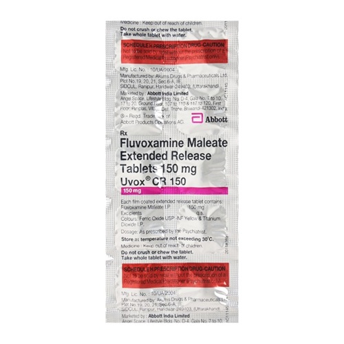 Uvox CR 150 blister strip showing fluvoxamine maleate tablets, psychiatric medication for depression, anxiety, and obsessive-compulsive disorder, online pharmacy