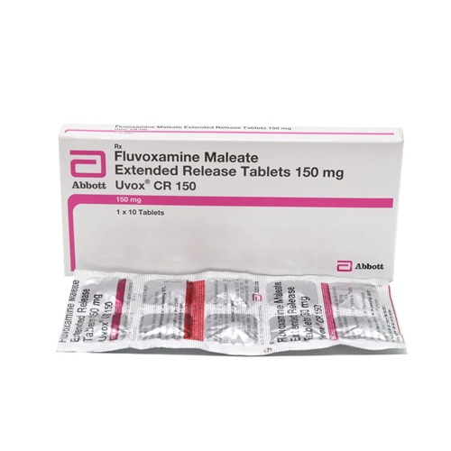 Uvox CR 150 Abbott packaging with fluvoxamine maleate controlled-release tablets, long-term SSRI therapy for mood and anxiety disorders, ZarvyPharm online pharmacy