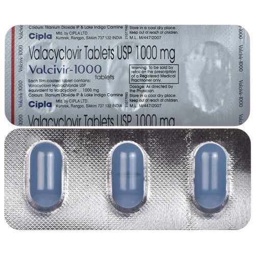 Valcivir 1000mg (Valacyclovir) close-up of silver foil blister pack with blue tablets