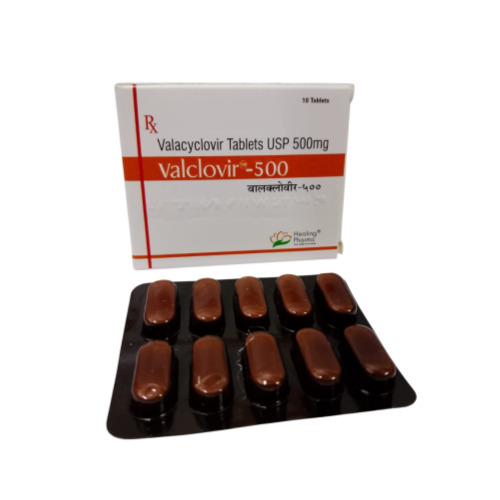 Valclovir 500mg tablets in brown blister pack displayed with branded outer box