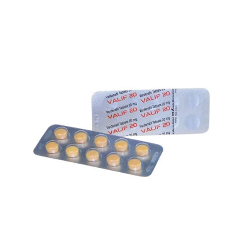Valif 20mg (Vardenafil) blister pack showing yellow tablets with printed backing visible