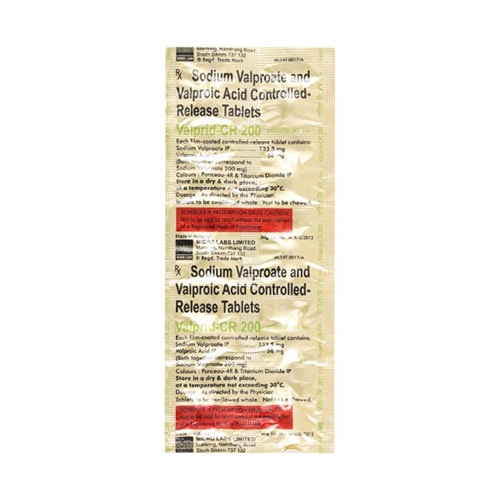 Valprid CR 200 blister strip showing sodium valproate and valproic acid tablets, mood stabilizer for psychiatric conditions and seizure control, online pharmacy