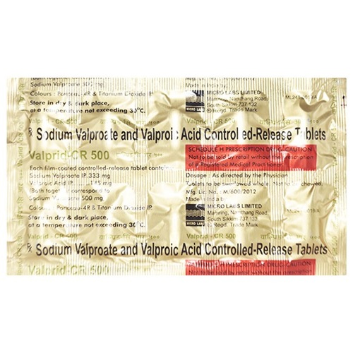 Valprid CR 500mg (Sodium Valproate and Valproic Acid) 100 tablets golden silver blister strips with dosage imprint, online pharmacy treatment option for seizure control and mood stabilization