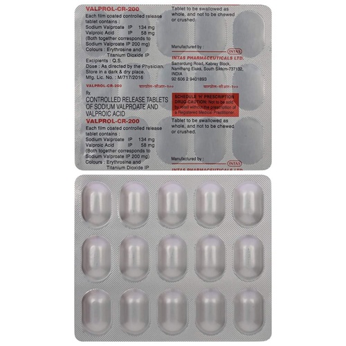 Valprol CR 200 blister strip showing sodium valproate and valproic acid tablets, mood stabilizer for psychiatric and neurological conditions, online pharmacy