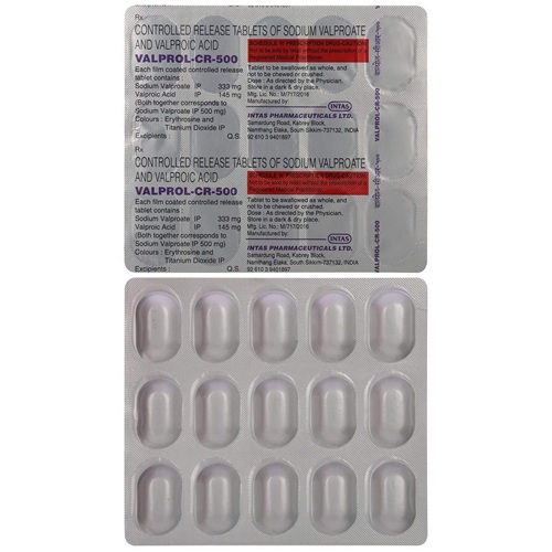 Valprol CR 500mg (Sodium Valproate and Valproic Acid) 150 tablets silver blister strips with dosage imprint, online pharmacy treatment option for seizure control and mood stabilization
