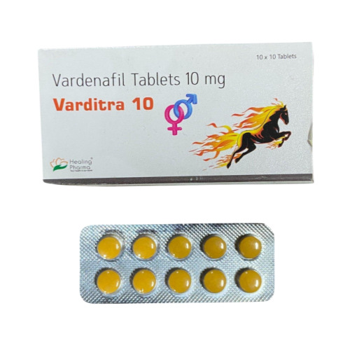 Varditra 10mg vardenafil tablets white box packaging with horse logo and strip