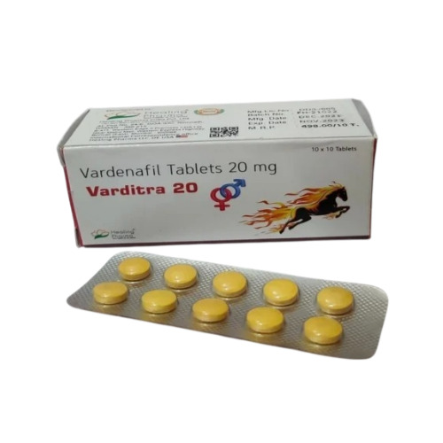 Varditra 20mg vardenafil tablets white box packaging with horse logo and blister pack
