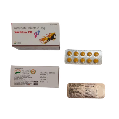 Varditra 20mg vardenafil tablets close-up of strip and packaging showing yellow tablets