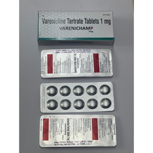 Varenichamp 1mg box and blister strip close-up with tablets and foil backing visible