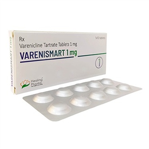 Varenismart 1mg box angled with blister strip in front, tablets and packaging visible