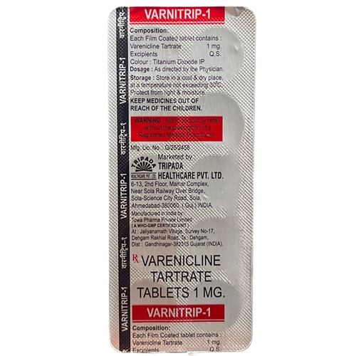 Varnitrip 1mg blister strip close-up, back/printed information readable