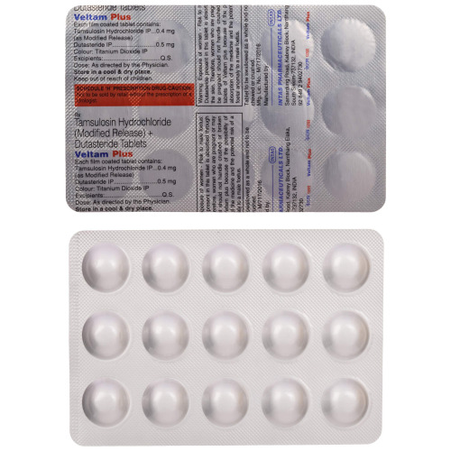 Veltam Plus blister strips close-up, tablets and printed label information visible