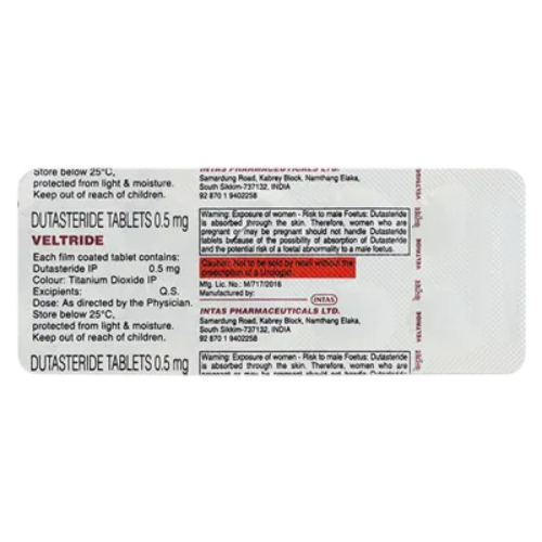 Veltride 0.5mg blister strip and leaflet close-up, foil back and printed information readable