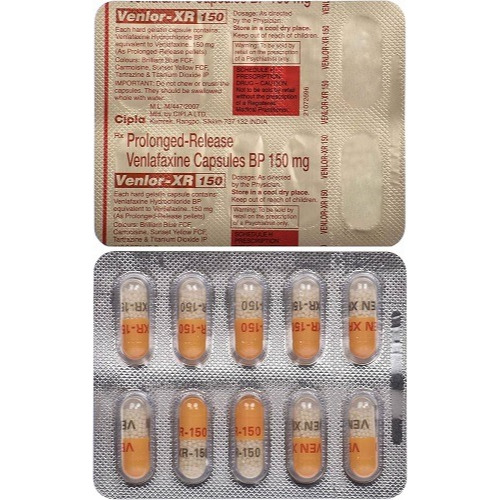 Venlor-XR 150 capsules 150mg silver foil blister strip with printed text and yellow-white capsules