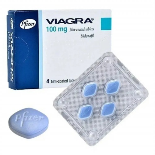 Viagra 100mg box with blister pack of 4 tablets, front view showing product name and dosage clearly