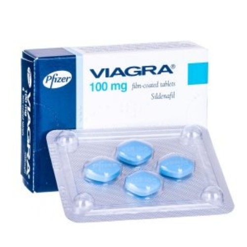 Viagra 100mg blister pack close-up with tablets and box, packaging and label legible