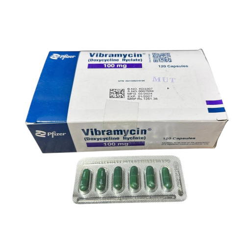 Vibramycin 100mg 120 Capsules larger box packaging displayed with capsule blister pack in front