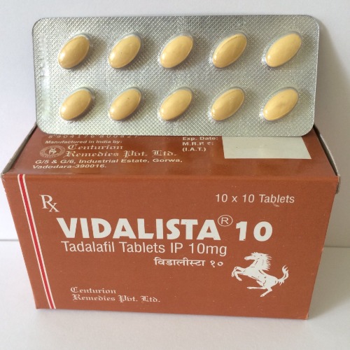 Close-up of Vidalista 10mg blister pack alongside branded carton labeling