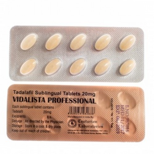 Vidalista 20 Professional (Tadalafil) branded carton and copper foil blister pack with yellow tablets